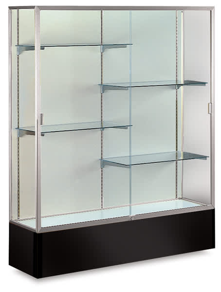 Spirit Series Display Case - Angled view of Satin Aluminum Frame with Black Base