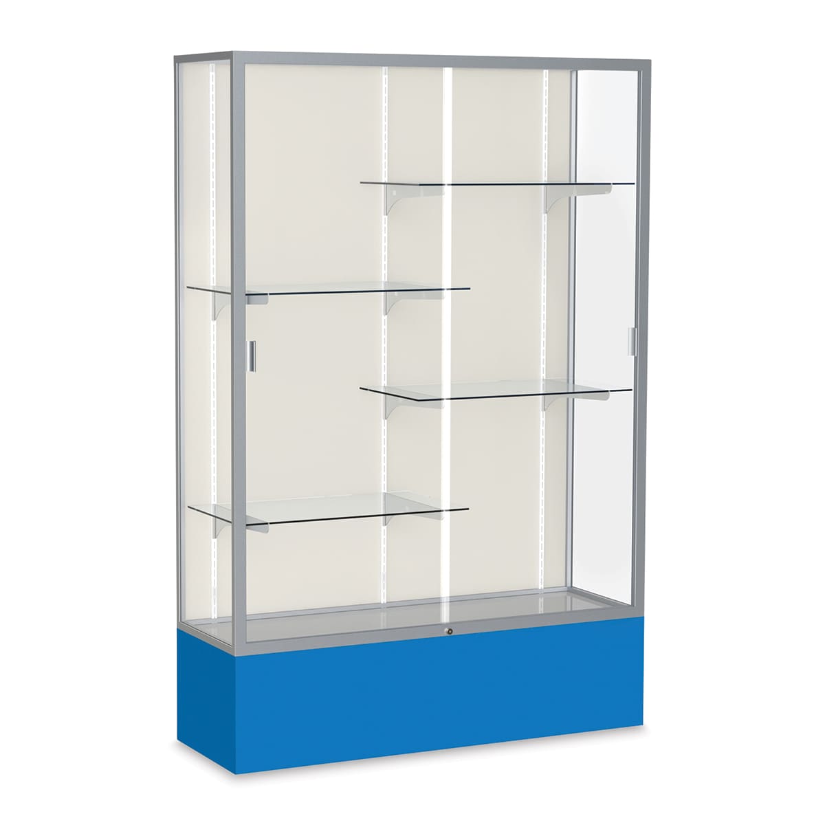 Waddell Spirit Series Display Case - 72" x 48" x 16", Satin Finish/Royal Blue Base, Aluminum