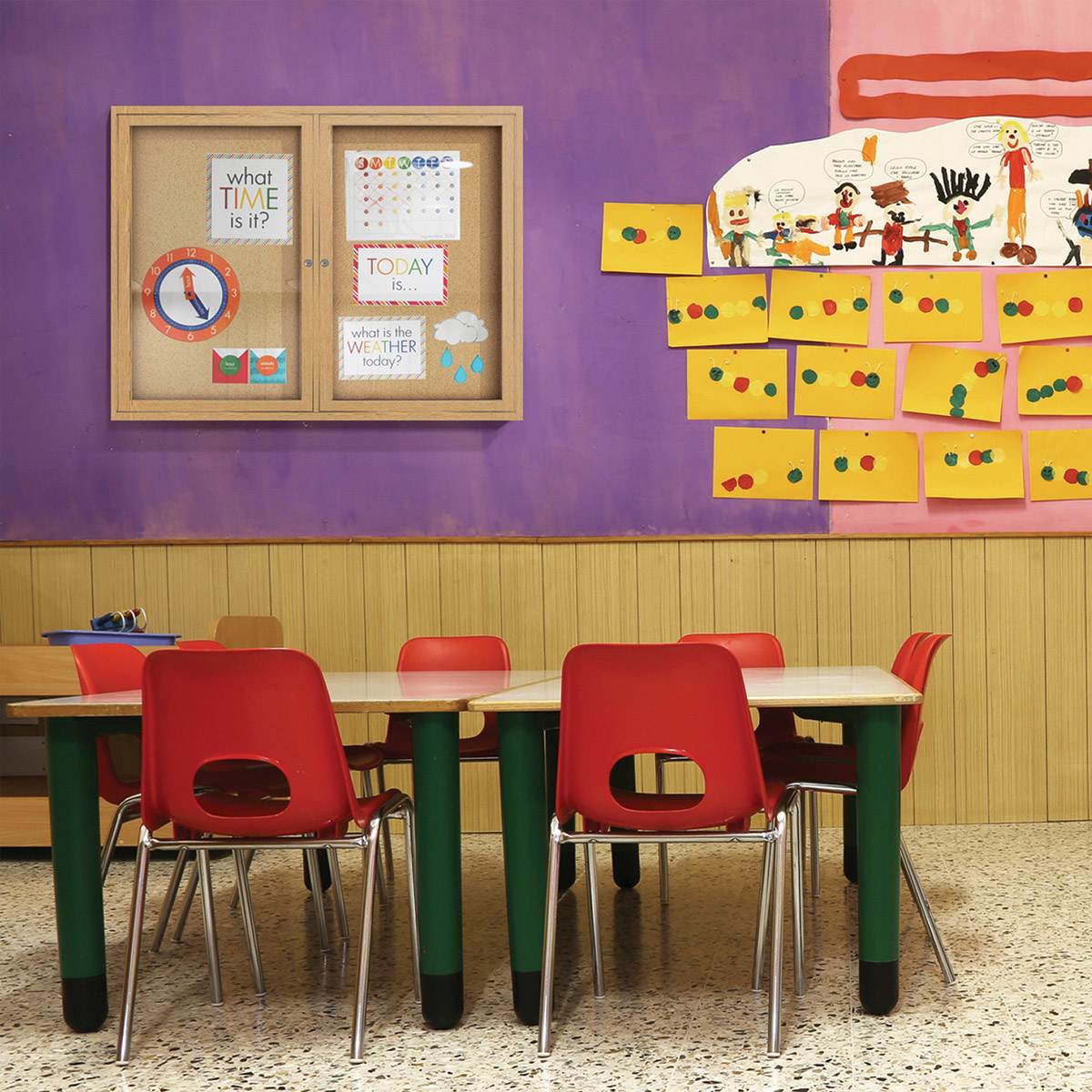 Ghent Natural Cork Bulletin Board - 48" x 36", 2 Door, Oak Frame - in classroom
