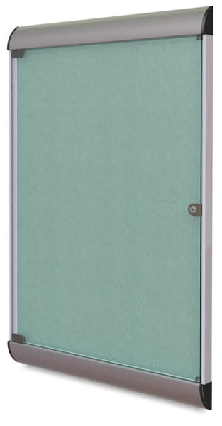 Ghent Enclosed Tackboard-right angle with metal frame, locking glass door shown in Stone color