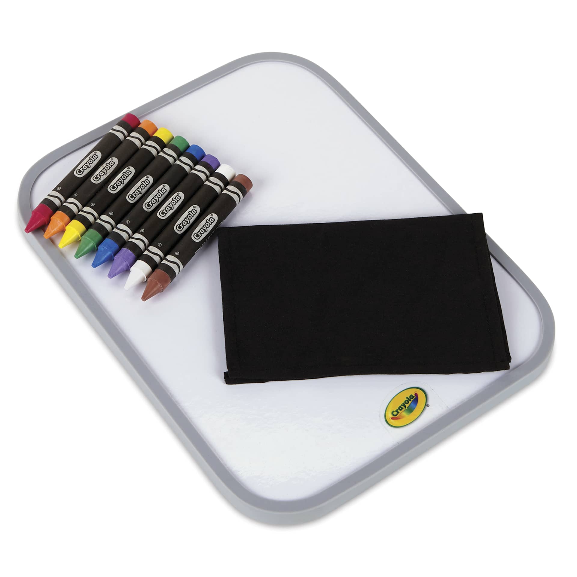 Crayola Washable Dry-Erase Crayons and Board, and cleaning cloth laid out 