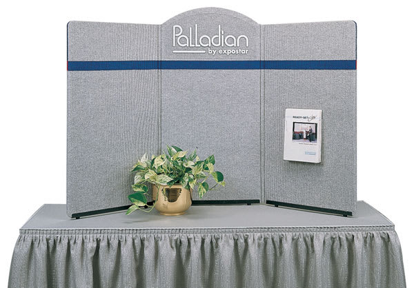 Expostar Palladian Tabletop Displays - 3 panel in Gray/Blue stripe, set up on show table