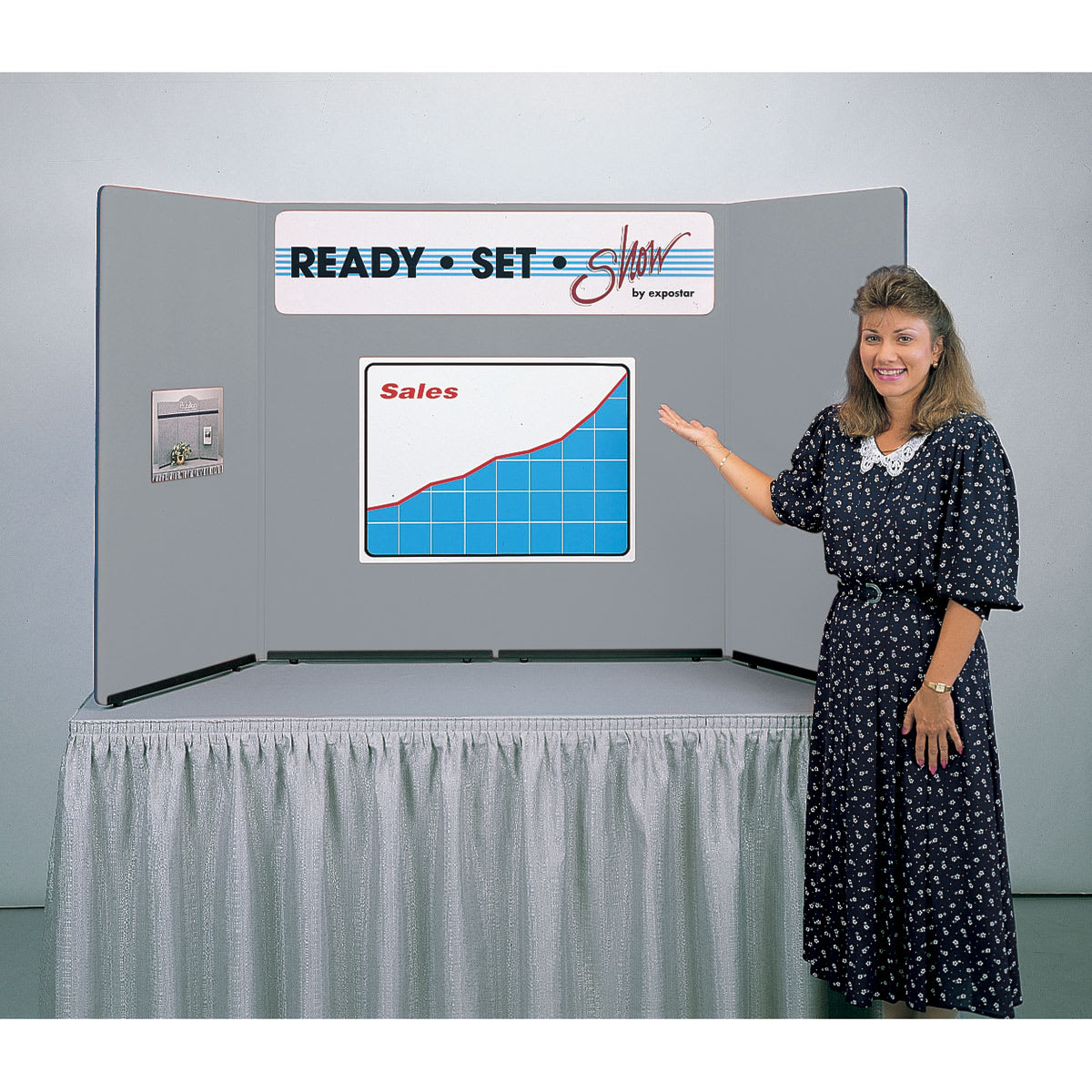 Expostar Ready Set Show Tabletop Display - Silver, Woman Standing Next To Display