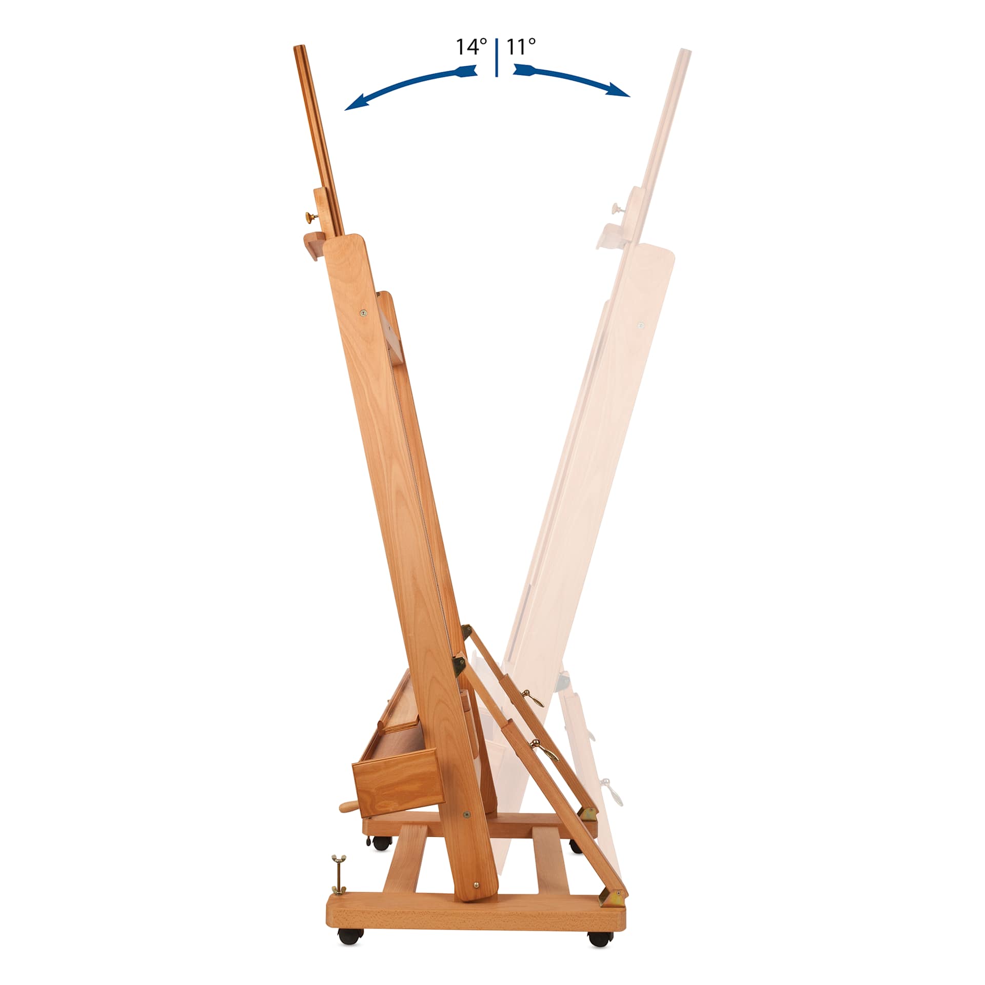 Angling range of motion, 14 degrees forward to 11 degrees backward.