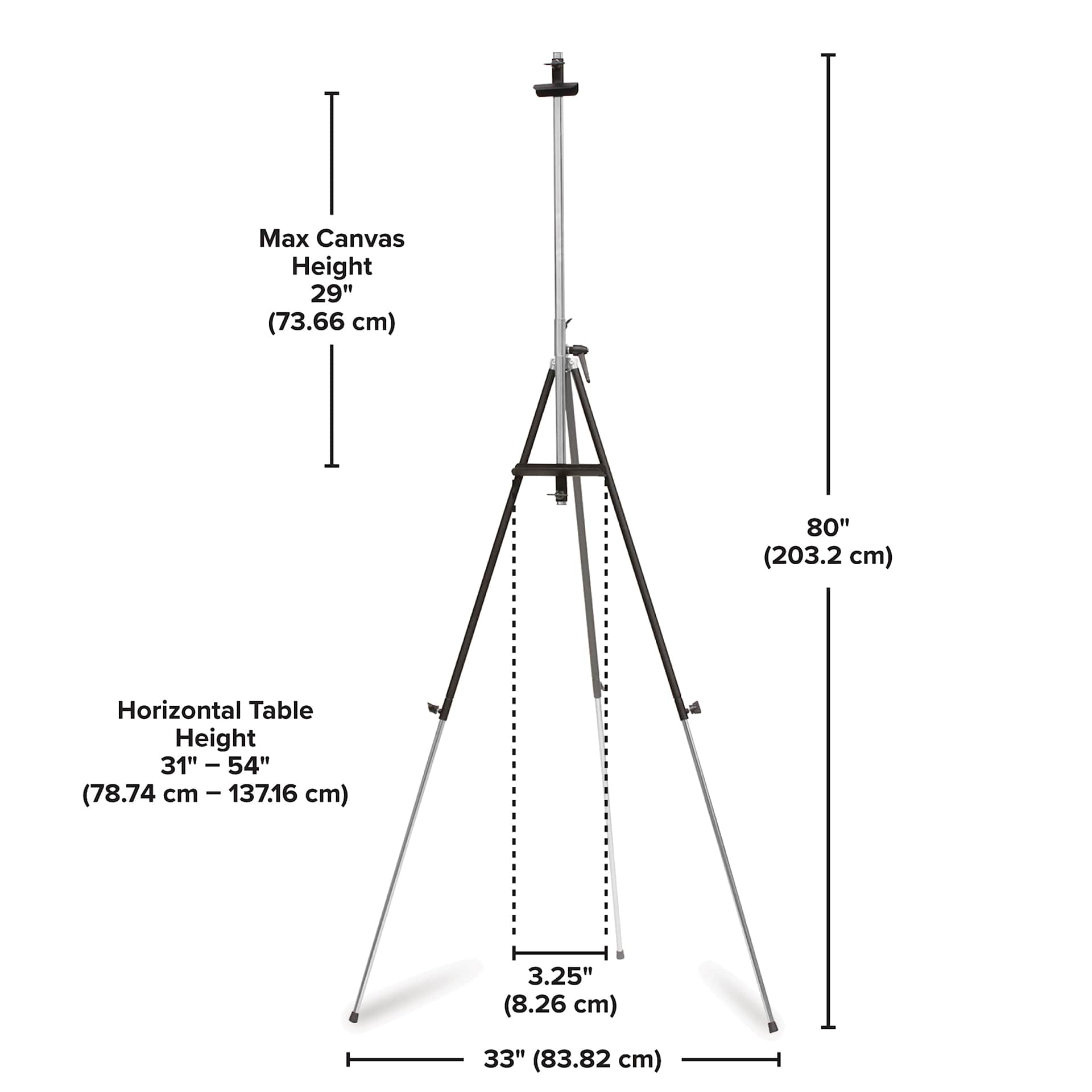 Richeson Italian Steel Tripod Easel, infographic of the dimensions