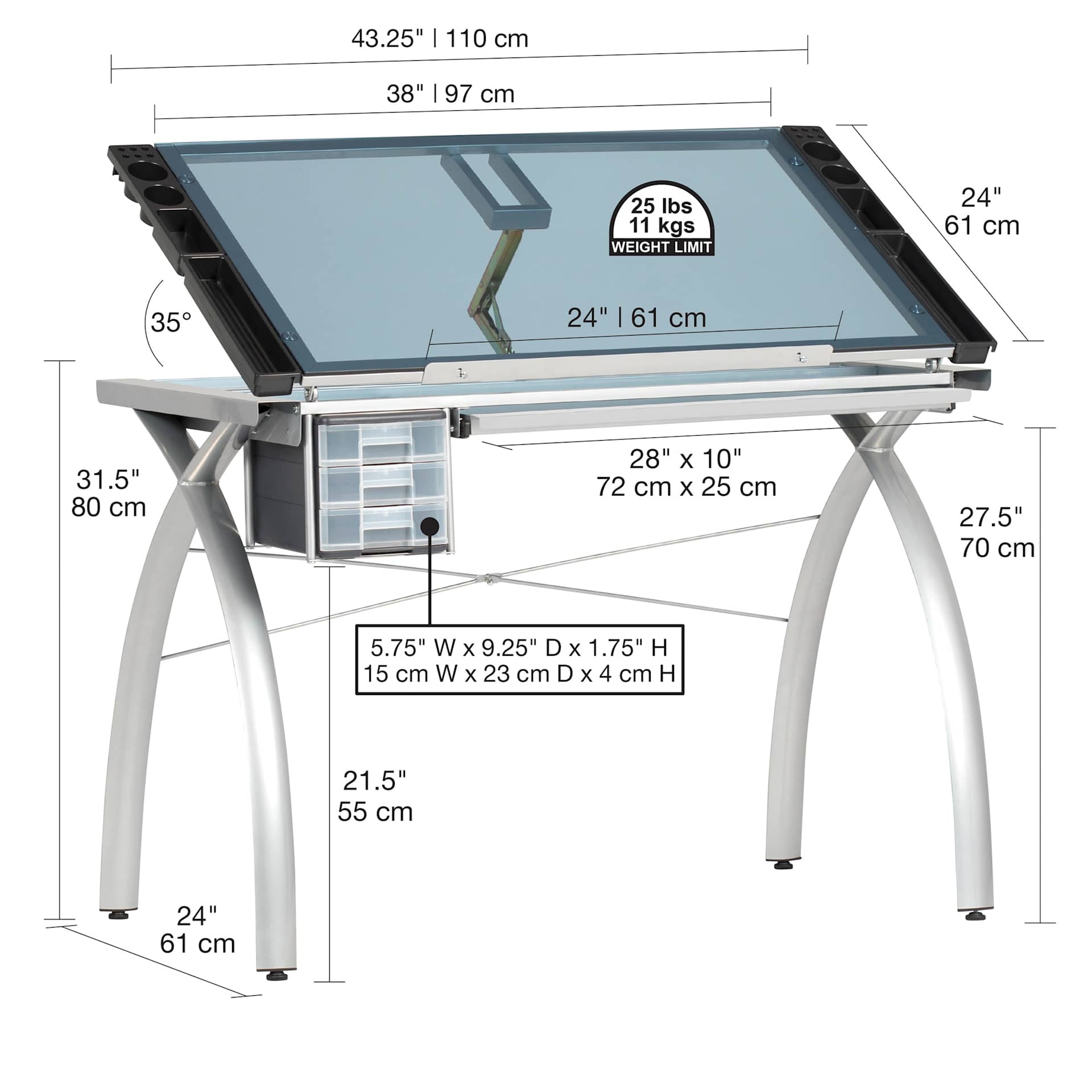 Studio Designs Futura Craft Station - Silver Frame/Blue Glass with dimensions