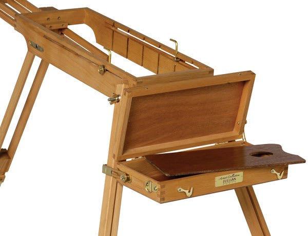Jullian Rexy Watercolor Easel - Easel with open Paint Accessory box attached Jullian Rexy Watercolor Easel - Easel with open Paint Accessory box attached