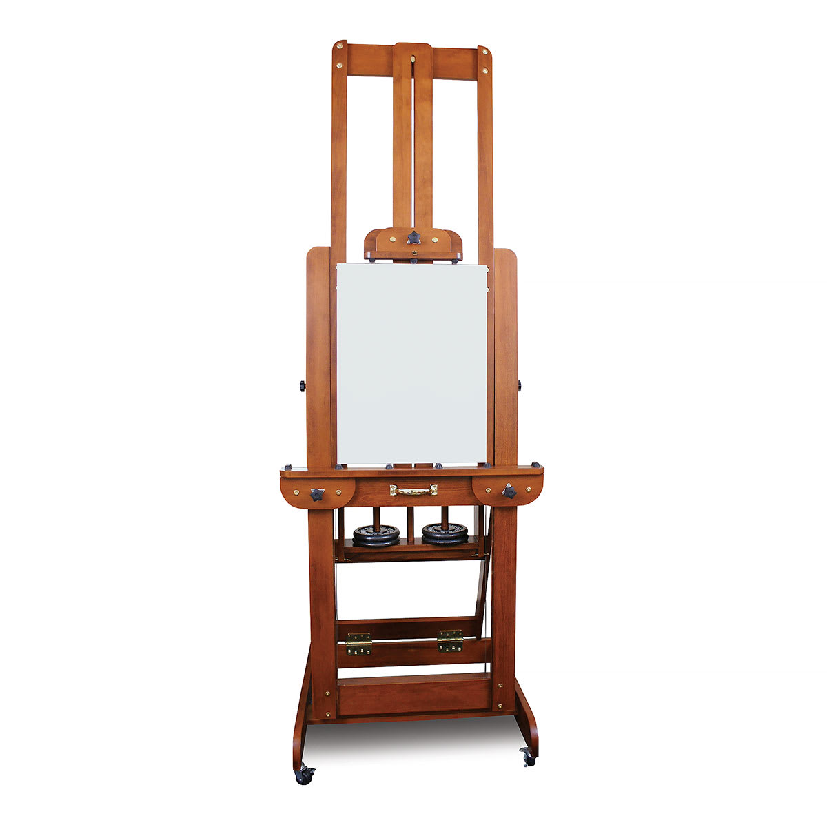 Sienna Counterweight Easel - front view of easel holding canvas, with counterweights visible