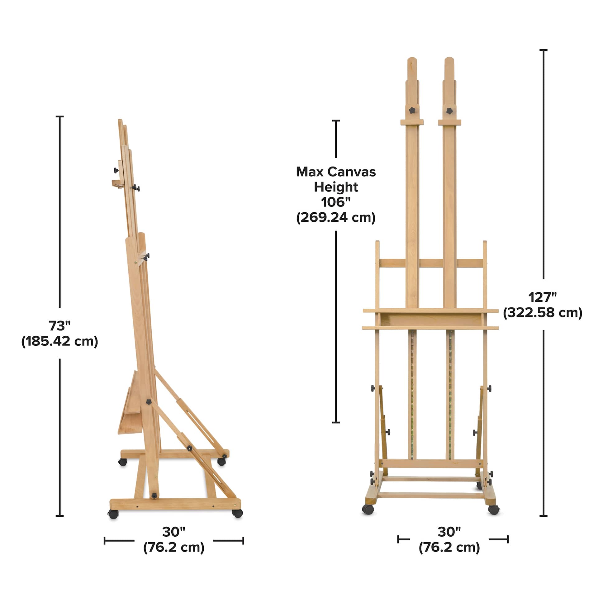 Blick Studio Heavy-Duty H-Frame Easel, dimension chart Minimum height 73” (185.42 cm). Maximum height 106” (269.24). Length 30” (76.2 cm). Depth 30” (76.2 cm). Holds maximum canvas height 106” (269.24 cm)