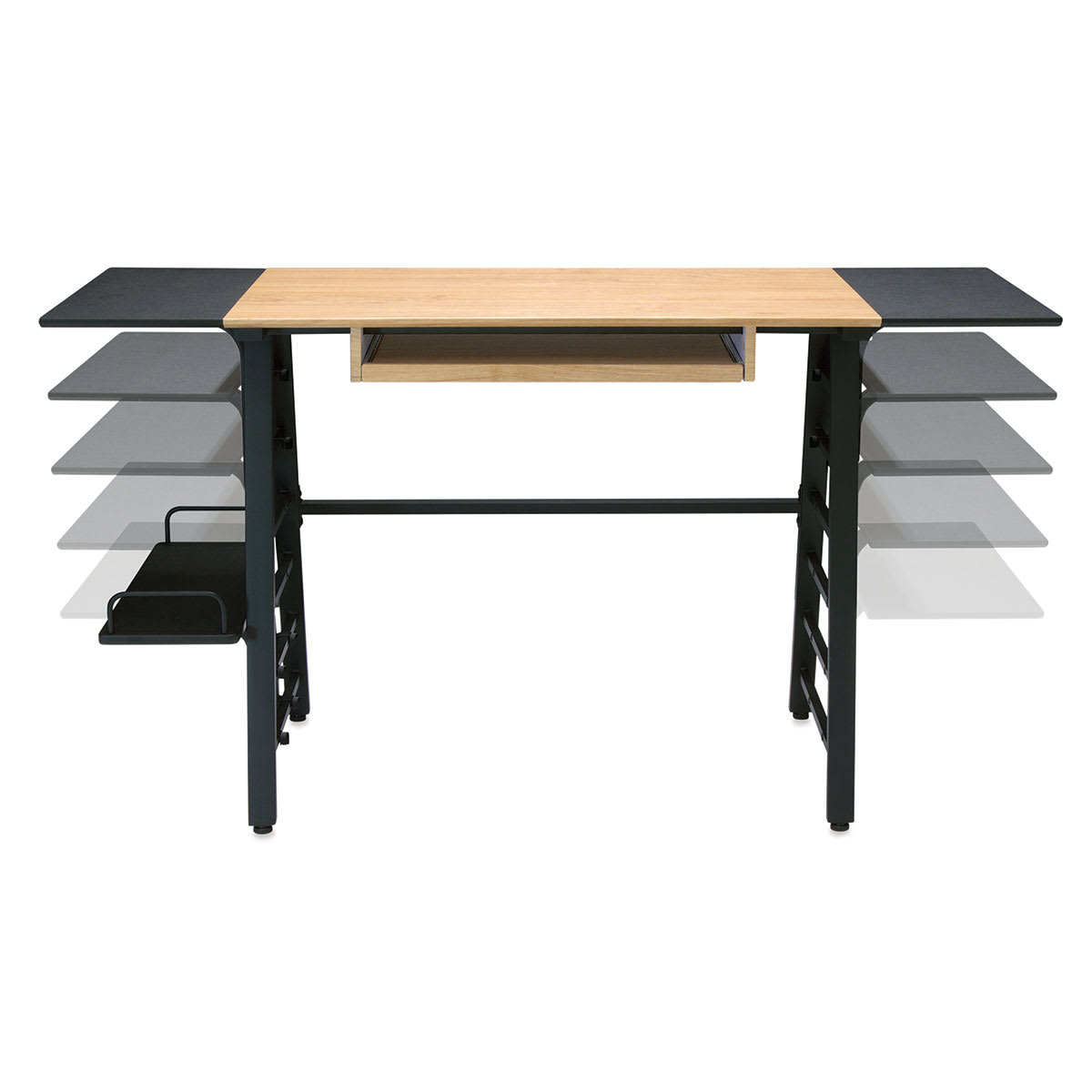 Studio Designs Ashwood Convertible Desk - motion photo showing several settings for side shelves
