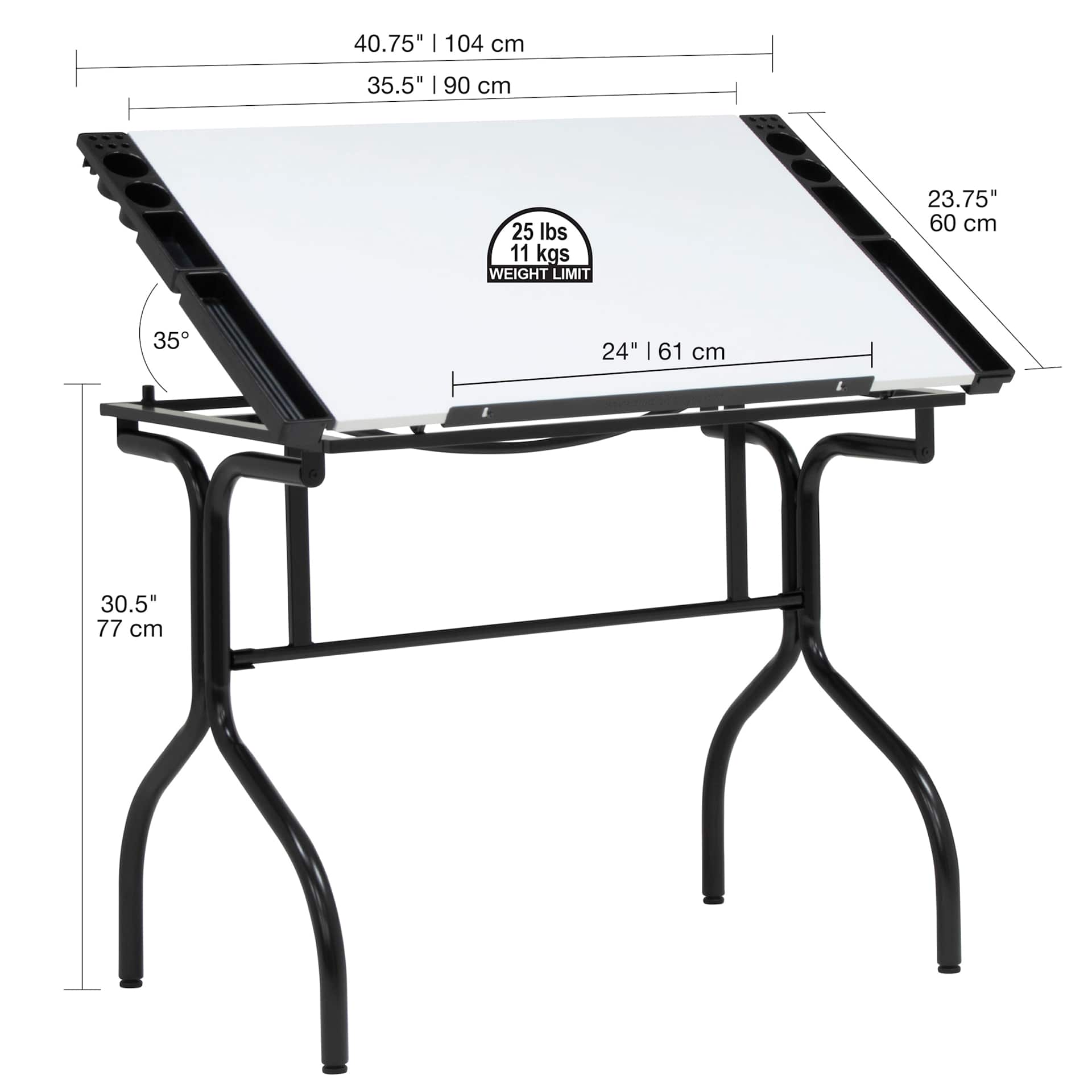 Studio Dmensionsesigns Folding Craft Station - White with Black Base, with dimensions Studio Dmensionsesigns Folding Craft Station - White with Black Base, with dimensions