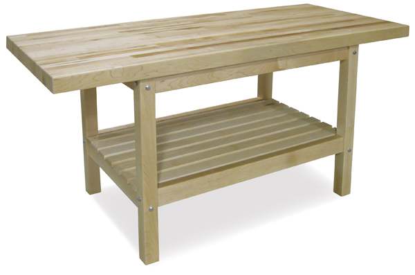 Dual-Station Art Workbench - Left angled view showing butcher block top and storage shelf