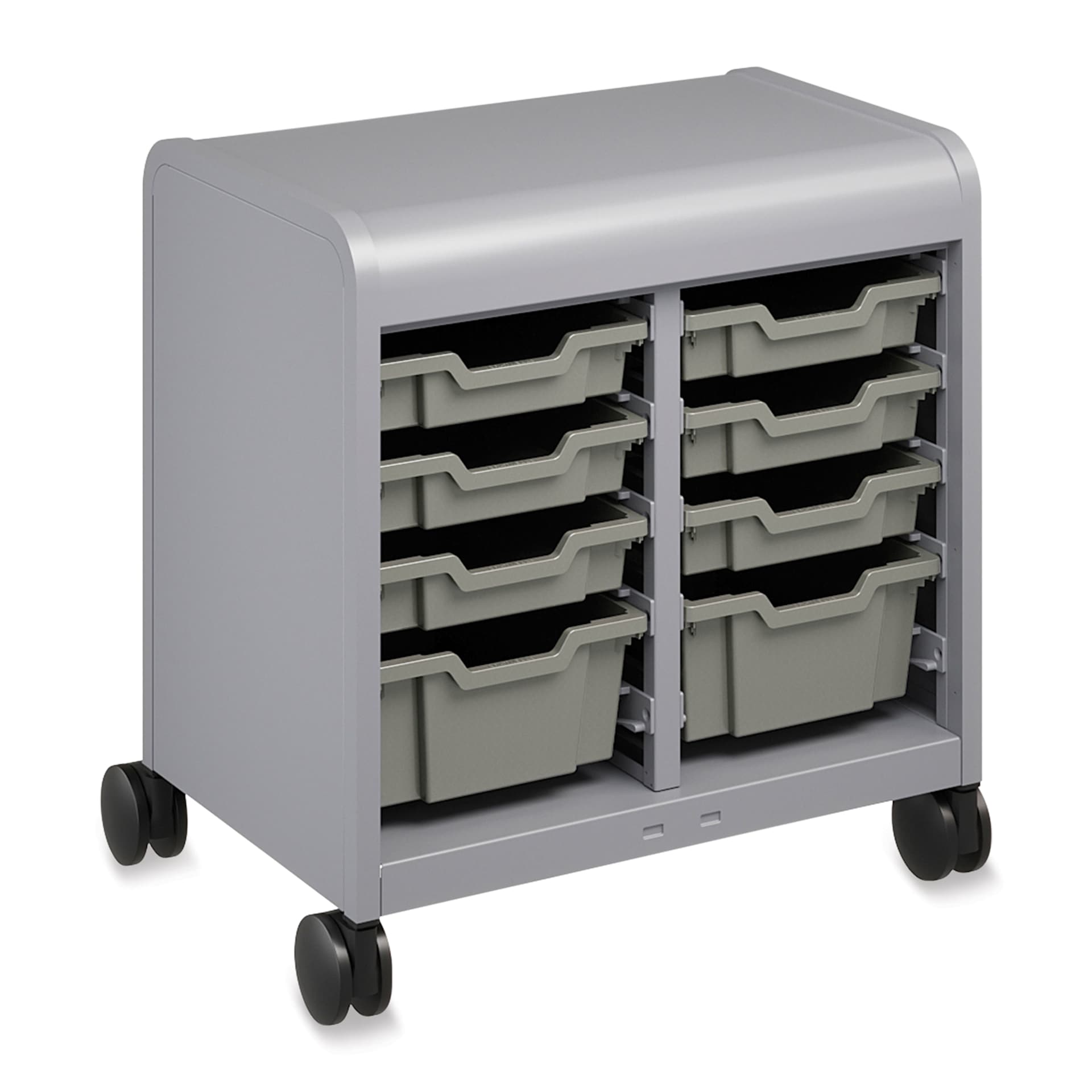 Smith System Cascade Tote Tray Storage - left angle view, cabinet on wheels with eight trays (included)