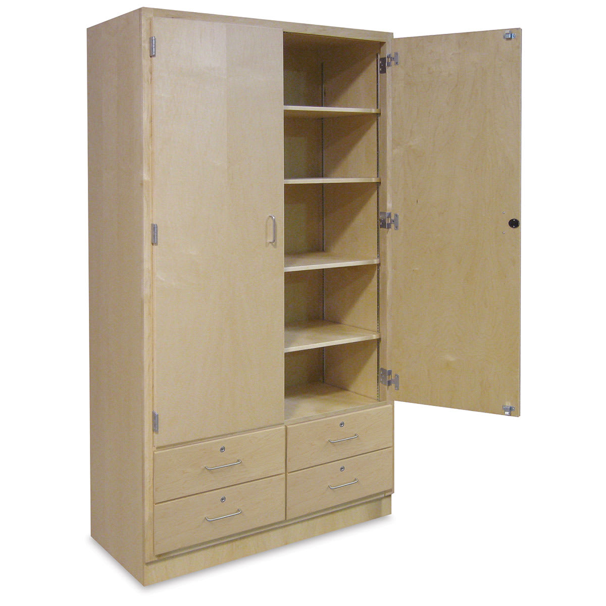 Hann Tall Storage Cabinet - shown angled and empty with 1 Door open, 4 shelves, and locking drawers