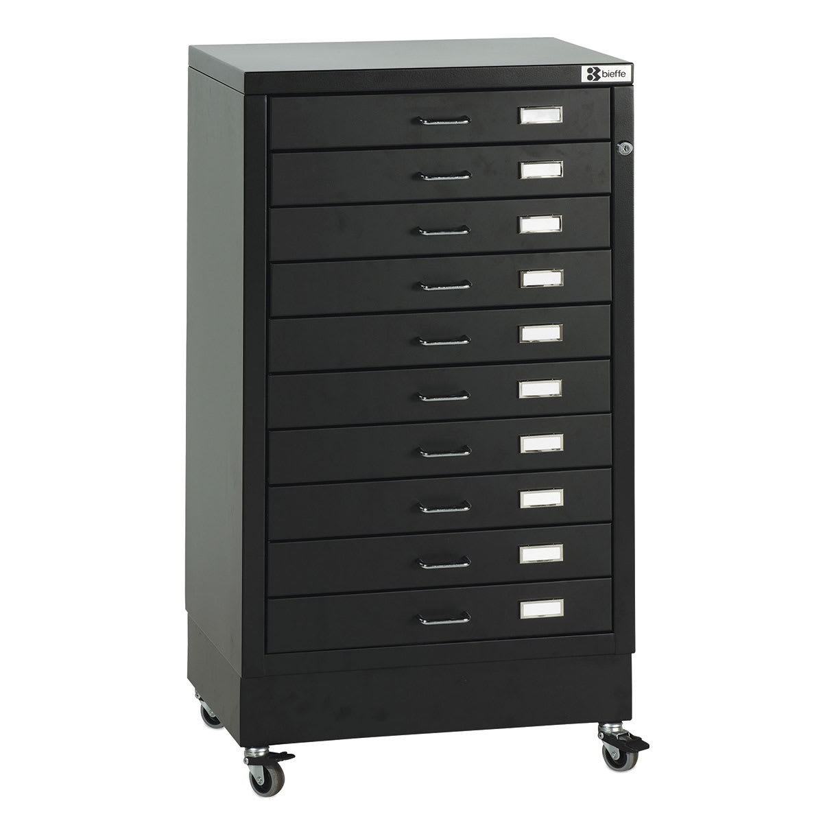 Bieffe 10 Drawer Filing Cabinet - Slightly angled view showing drawers and casters
