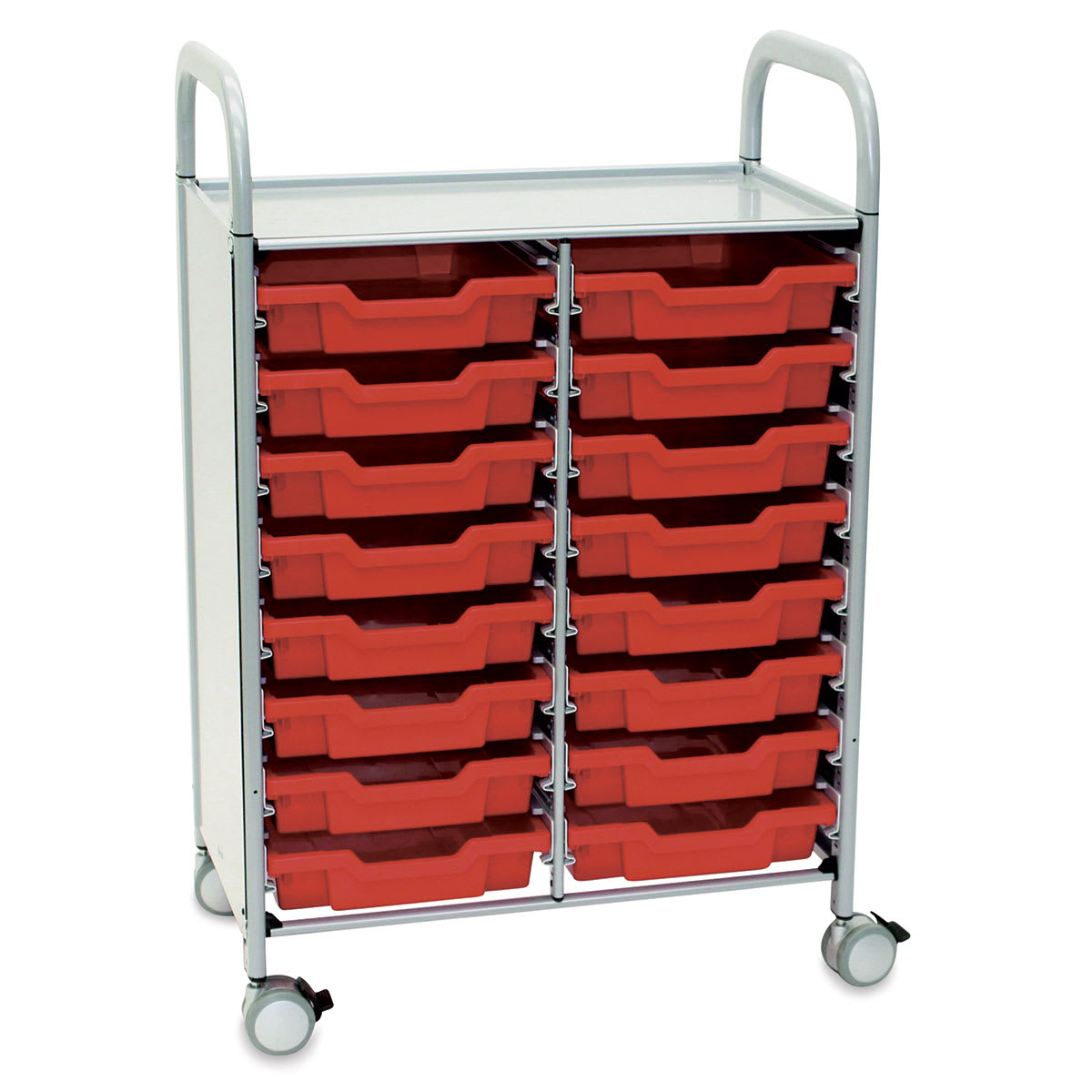 Gratnells Callero Storage Cart - - Flame Red - Angled view of cart with 16 shallow red trays
