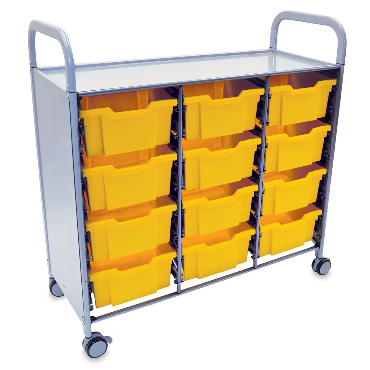 Gratnells Callero Plus Cart - Angled view of cart with 12 Yellow deep trays