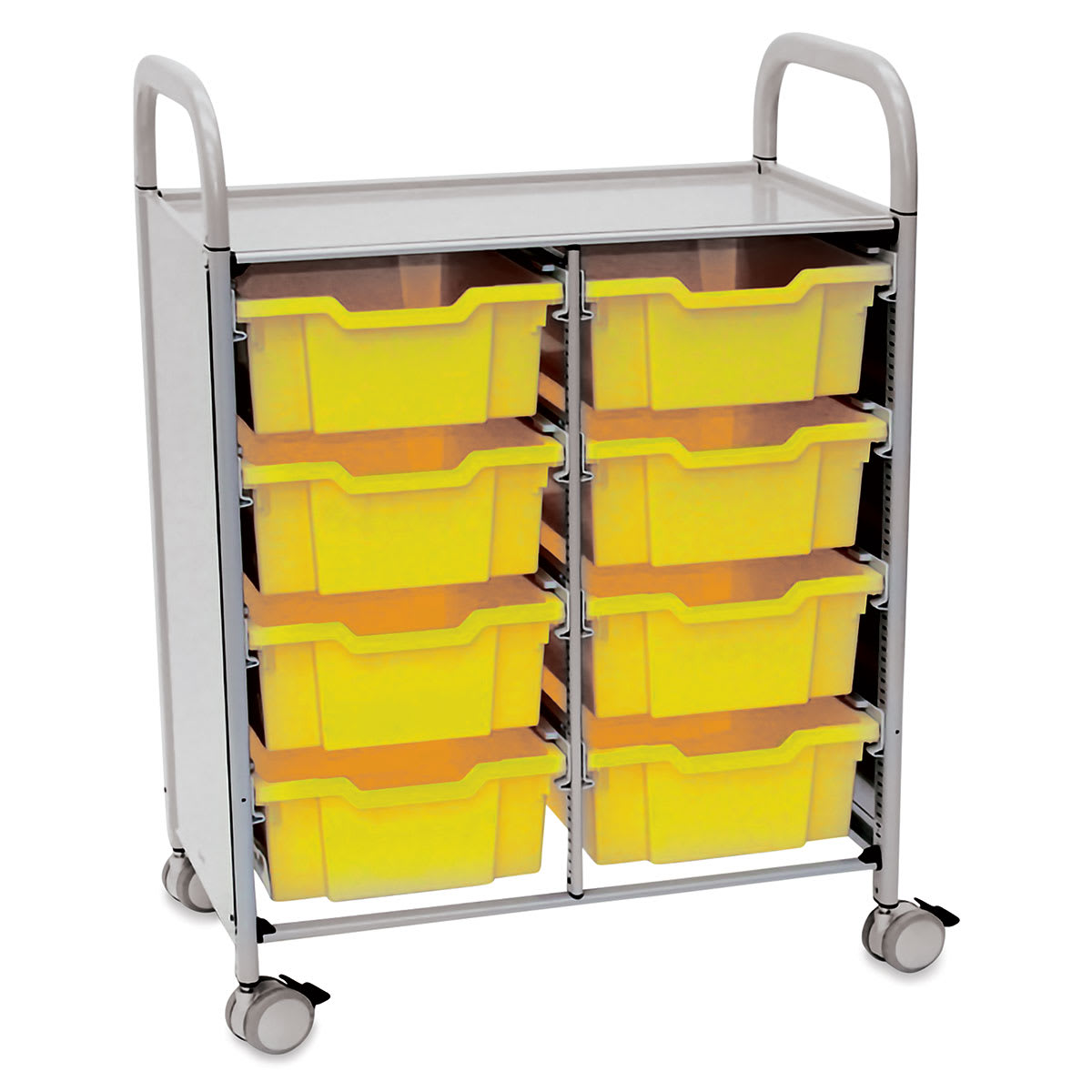 Gratnells Callero Storage Cart - Angled view of Yellow Cart with 8 Deep Trays
