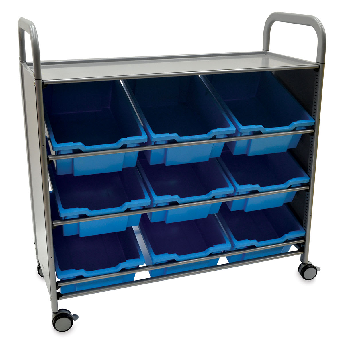 Gratnells Callero Plus Tilted Tray Cart - Angled view of Cart with 9 Blue Trays