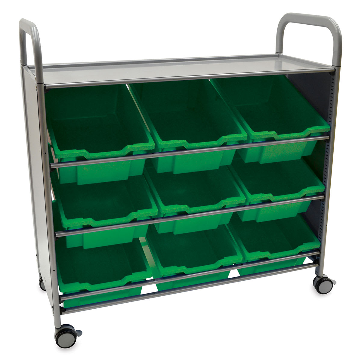 Gratnells Callero Plus Tilted Tray Cart - Angled view of Cart with 9 Green Trays