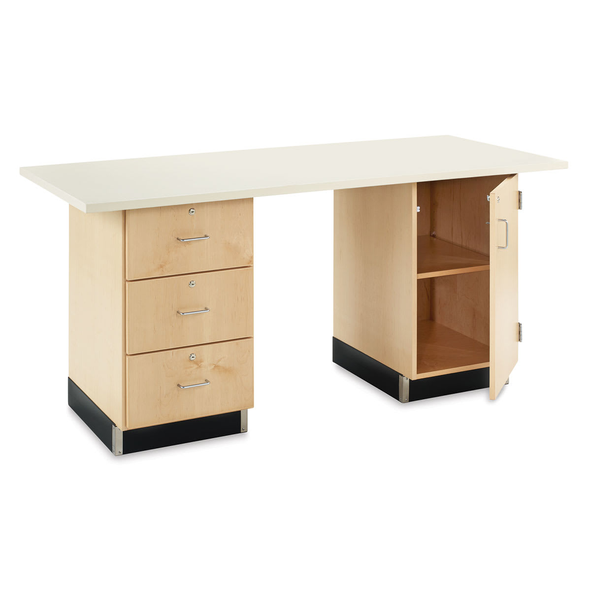 Diversified Spaces Ceramic Work Center - Angled view with one open door and 3 drawers