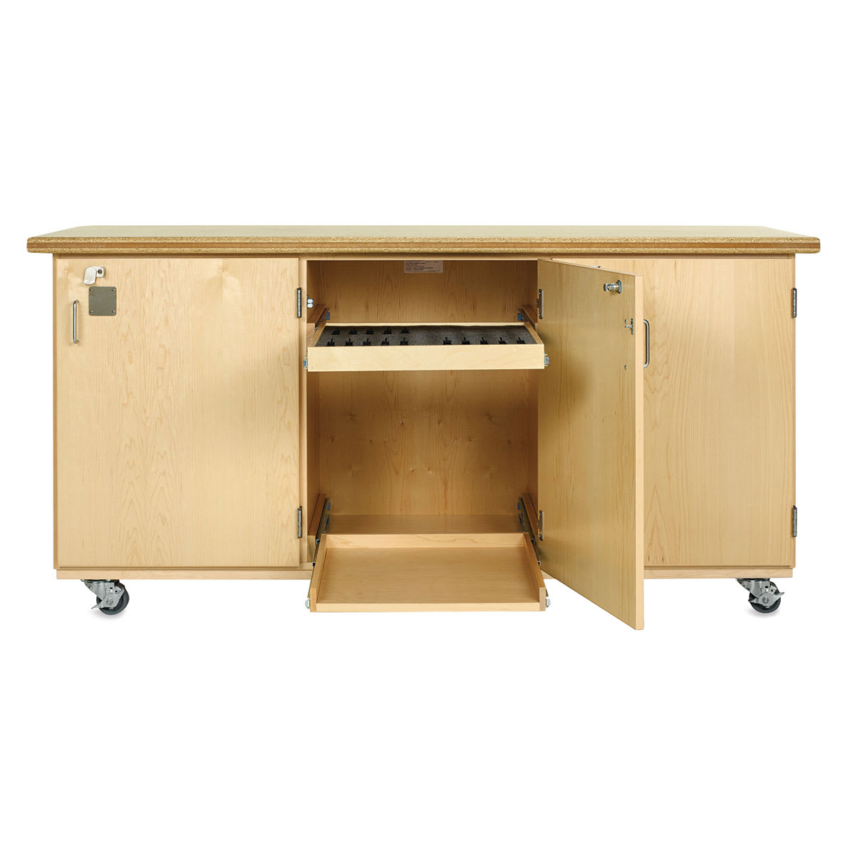 Diversified Spaces Robotic Storage Workbench-front view with storage and robot shelves rolled out