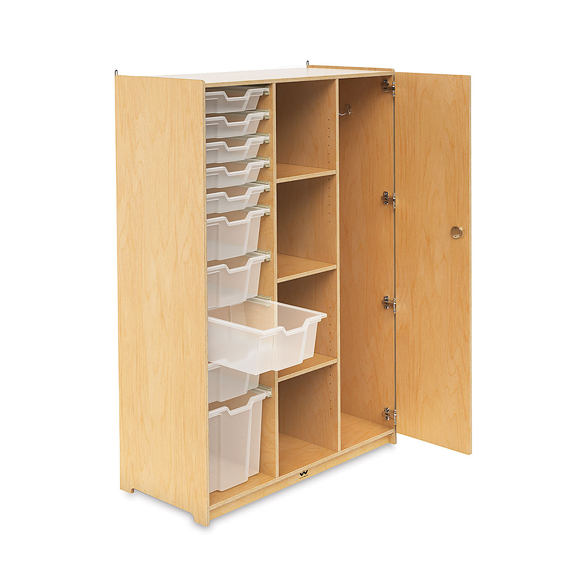 Whitney Brothers Teachers Wardrobe - Left angle with door open and one tray pulled out