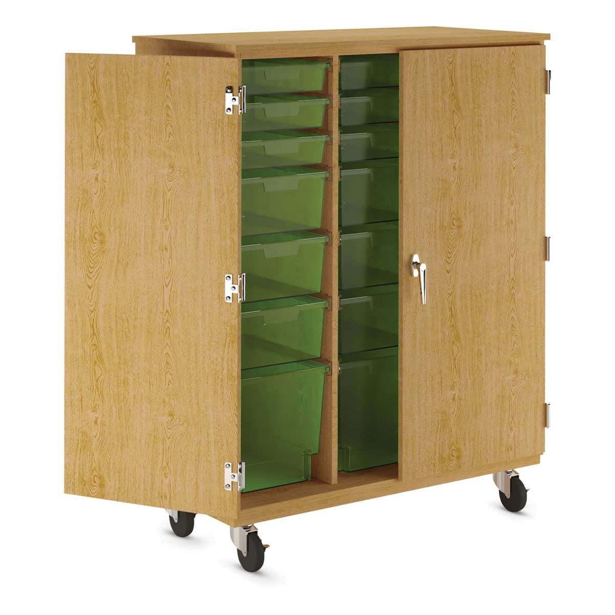 Diversified Spaces Mobile Tote and More Storage Cabinet with Locking Doors - Oak with Lime Totes