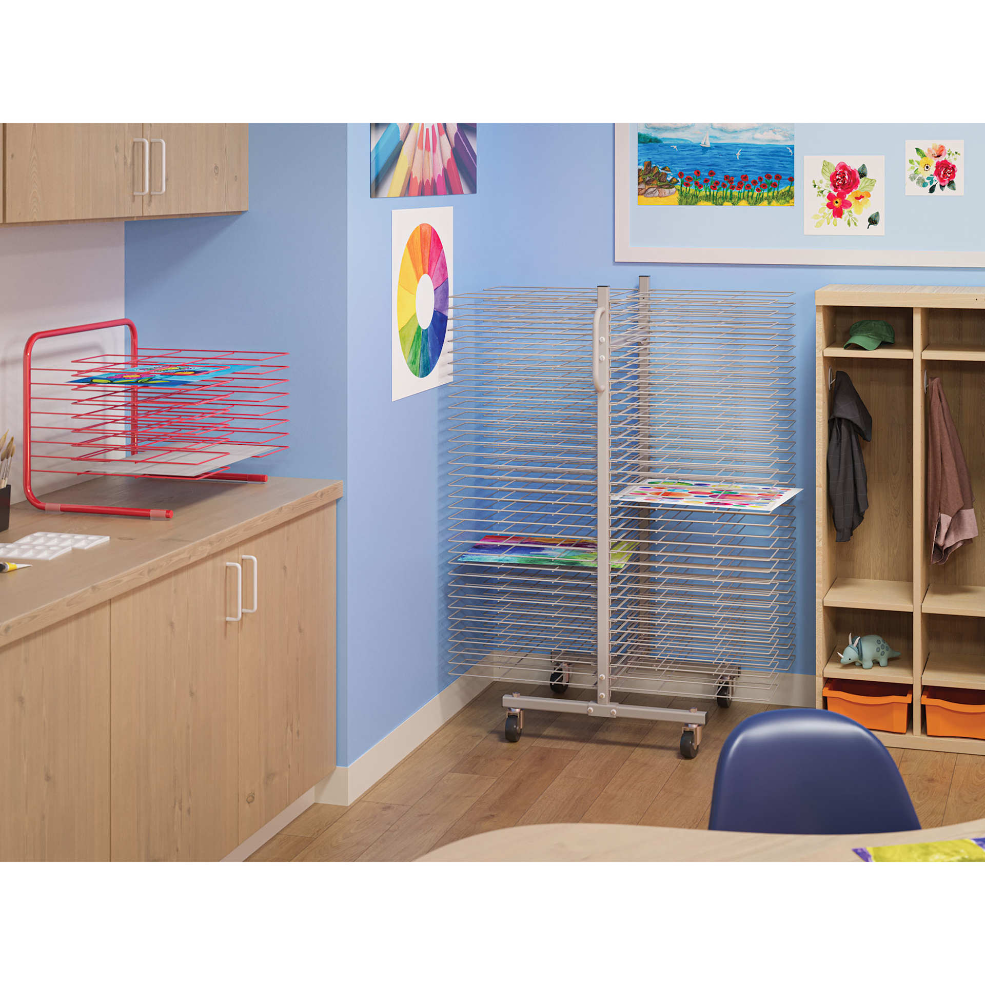 Bulman Portable Drying Rack - 70 Trays, shown in classroom