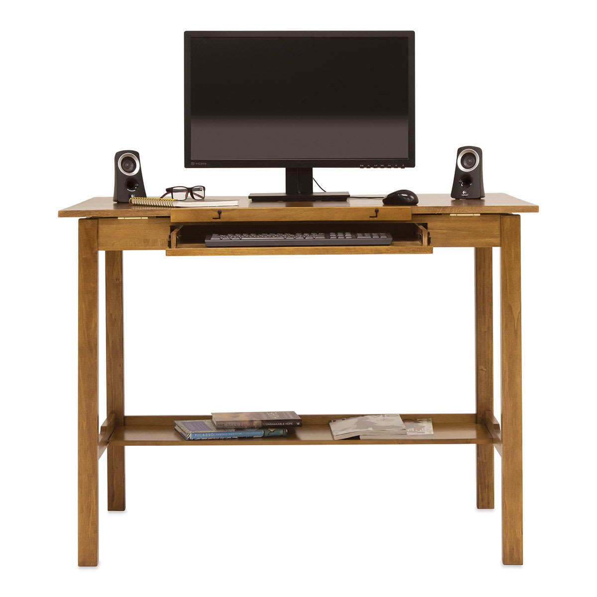Studio Designs Americana II Drafting Table - Front view accessorized with computer and supplies, not included 