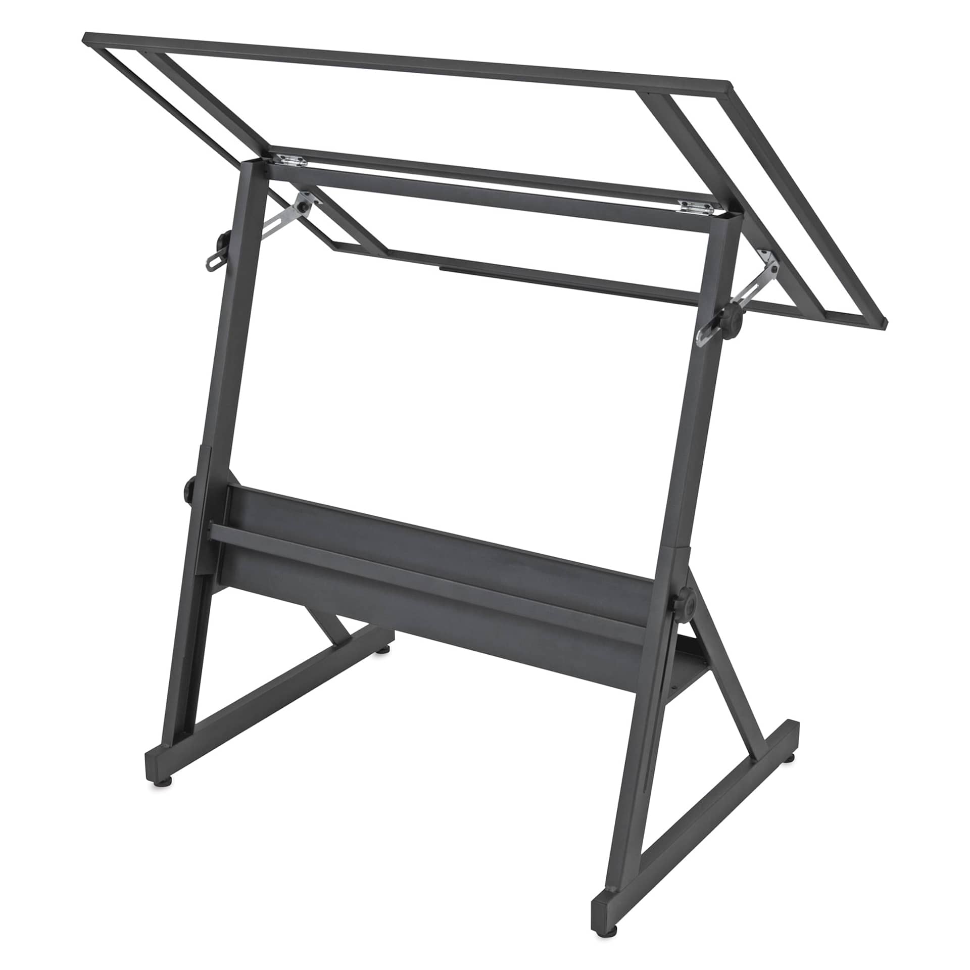 Studio Designs Solano Drafting Table - Charcoal Frame/Clear Glass, back view at full height Studio Designs Solano Drafting Table - Charcoal Frame/Clear Glass, back view at full height