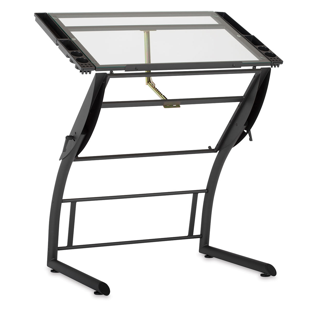 Studio Designs Triflex Sit-to-Stand Drawing Table - Charcoal Frame/Clear Glass - in standing mode Studio Designs Triflex Sit-to-Stand Drawing Table - Charcoal Frame/Clear Glass - in standing mode