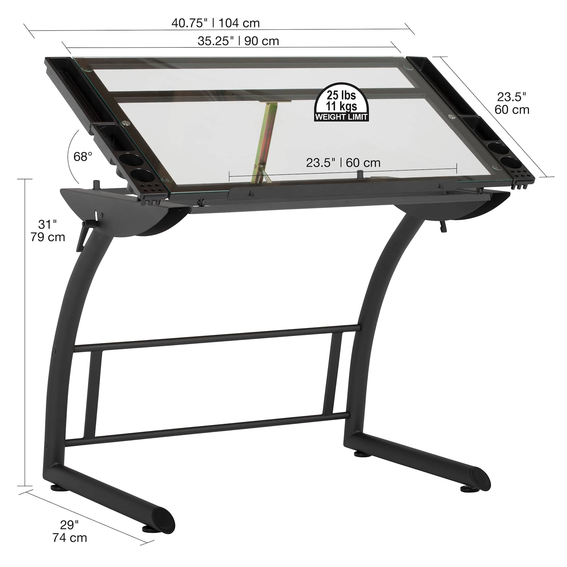 Studio Designs Triflex Drawing Table - Charcoal Frame, Clear Glass - dimensions Studio Designs Triflex Drawing Table - Charcoal Frame, Clear Glass - dimensions