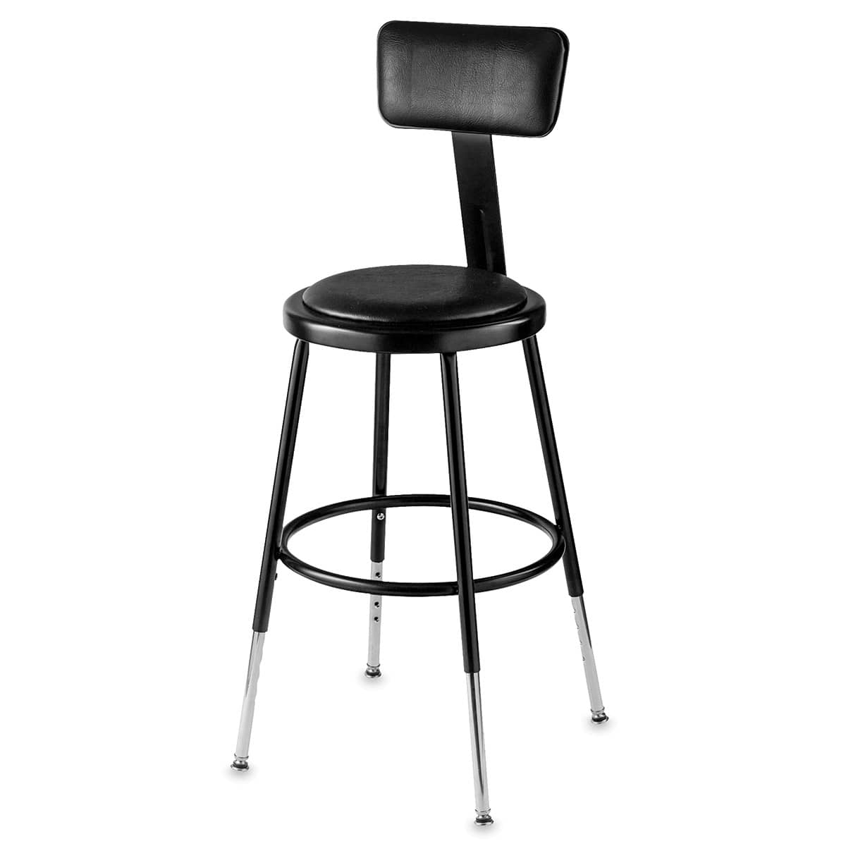 Adjustable Padded Stool - Front view of black padded stool with backrest showing adjustable legs