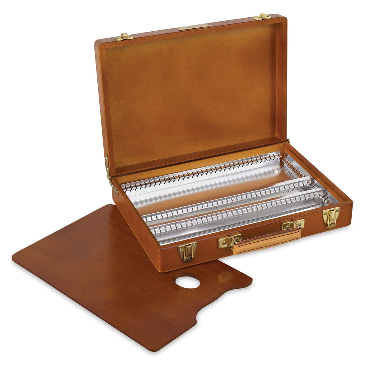 Jullian Varnished Paint Box - Small Box open with palette removed showing chrome trays