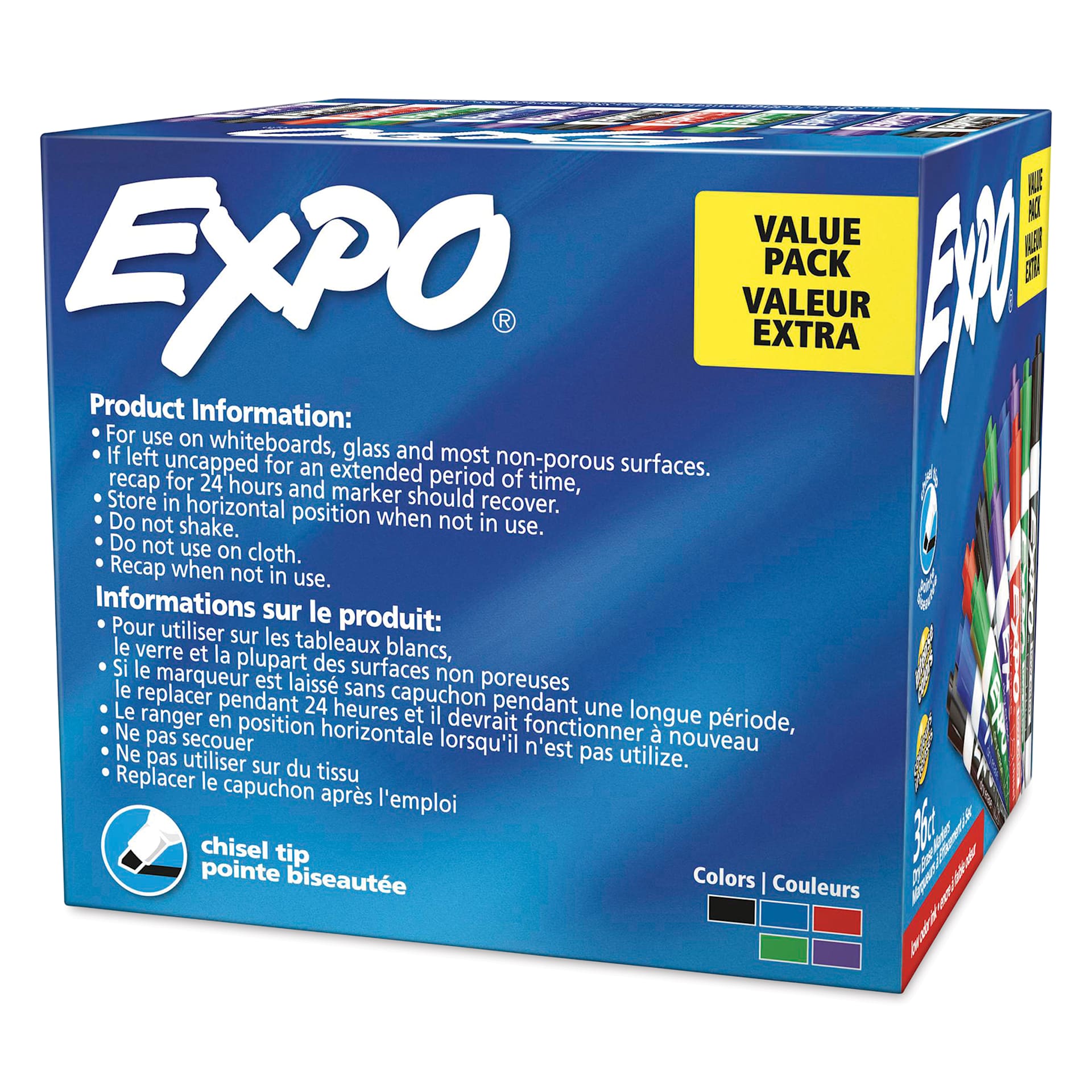 Expo Dry Erase Low Odor Markers - Chisel Tip, Assorted Colors, Set of 36, back of the packaging
