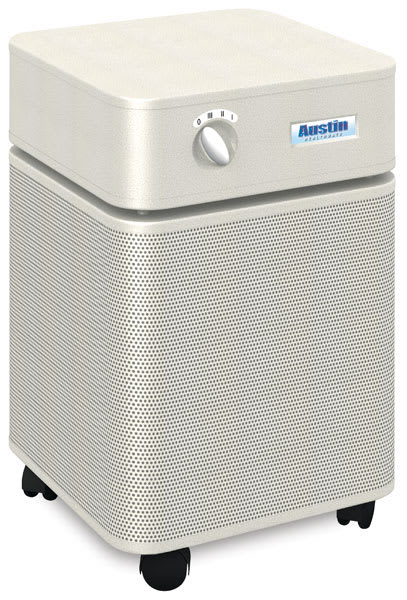 Austin HealthMate Air Cleaner- Angled view of Sandstone Air Cleaner showing dials and wheels