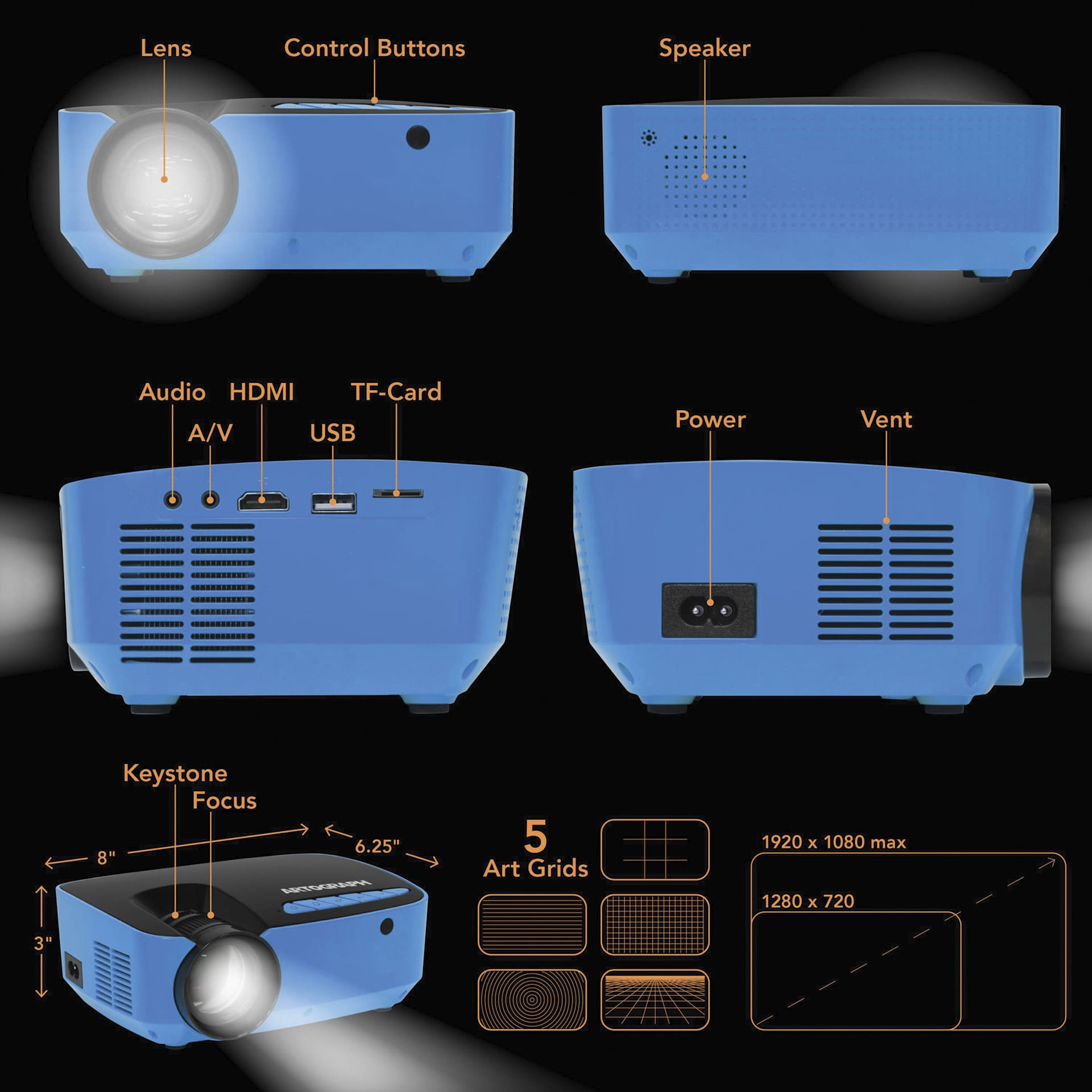 Artograph Flare 100 Digital Projector - parts and dimensions
