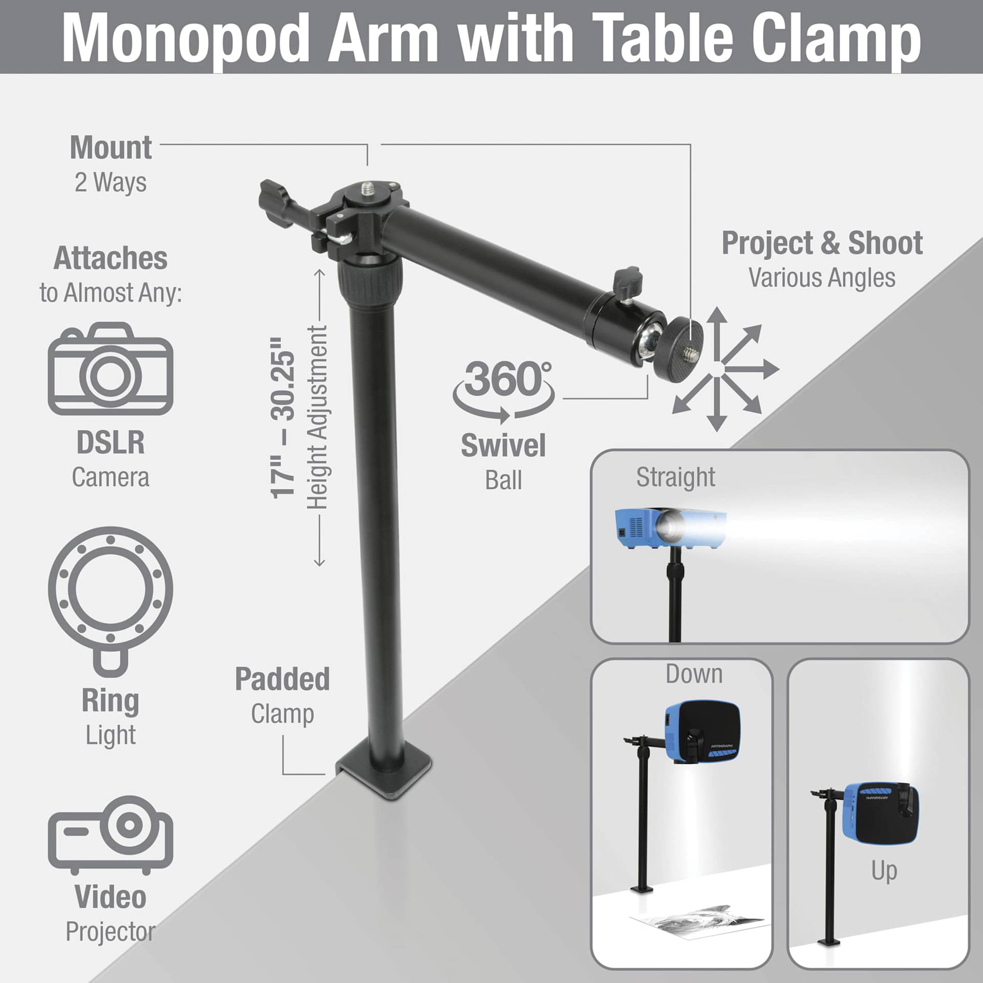 2Artograph Monopod Arm with Table Clamp - features diagram