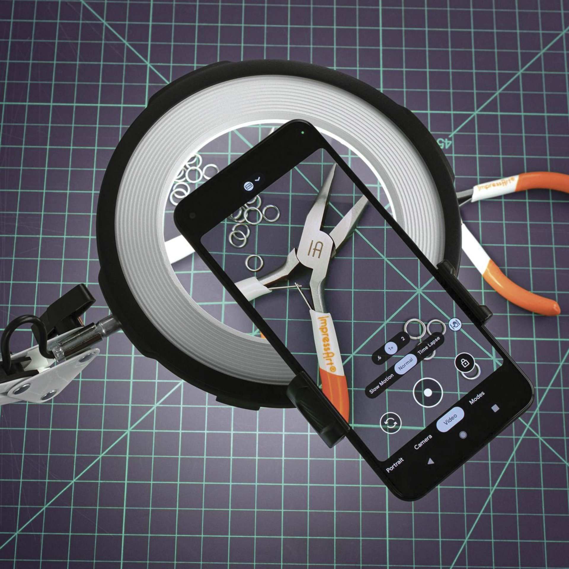 ImpressArt Magnifying Ring Light with Phone Attachment - in use at work station