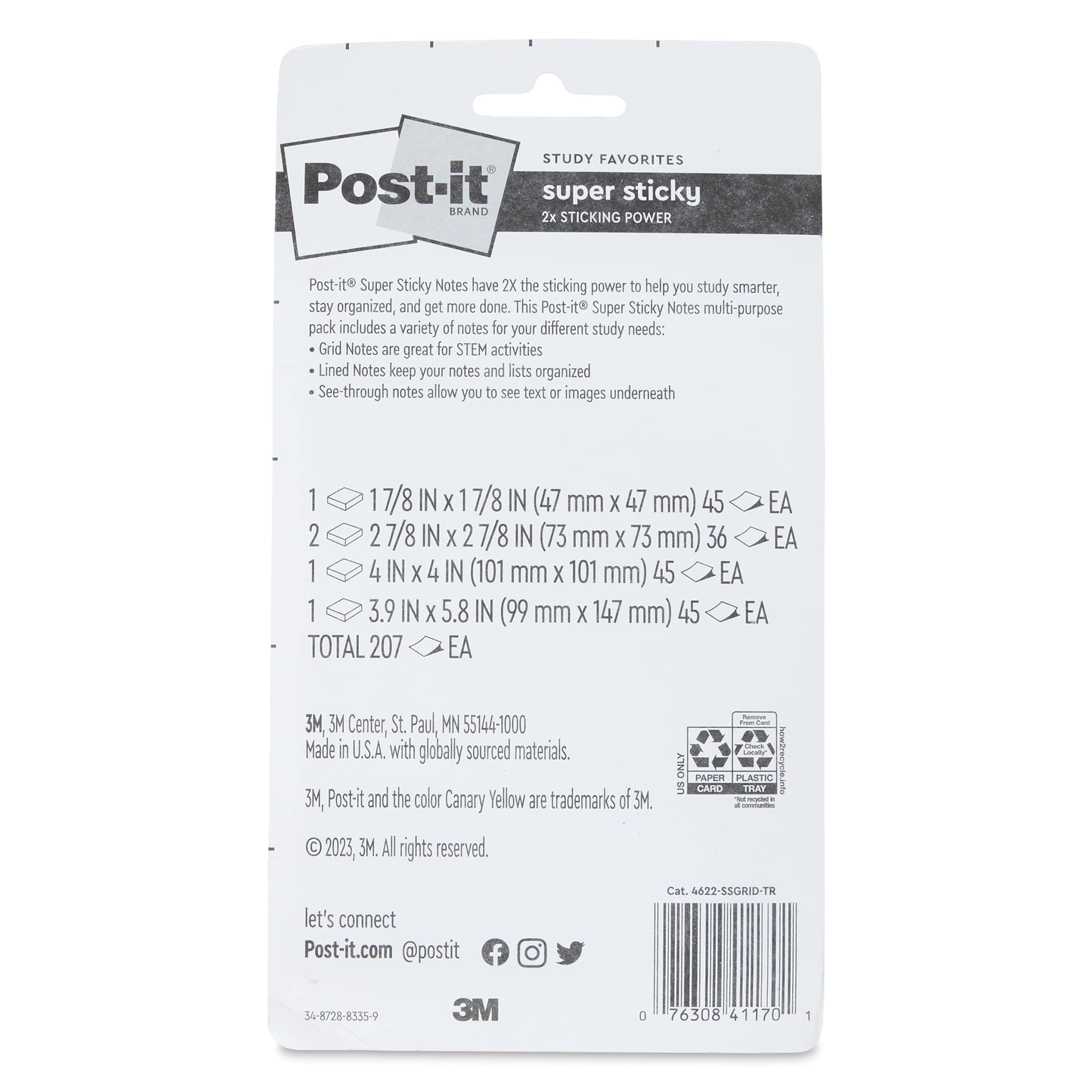 Post-It Super Sticky Notes Study Pack - Assortment, Pkg of 5, back of the packaging