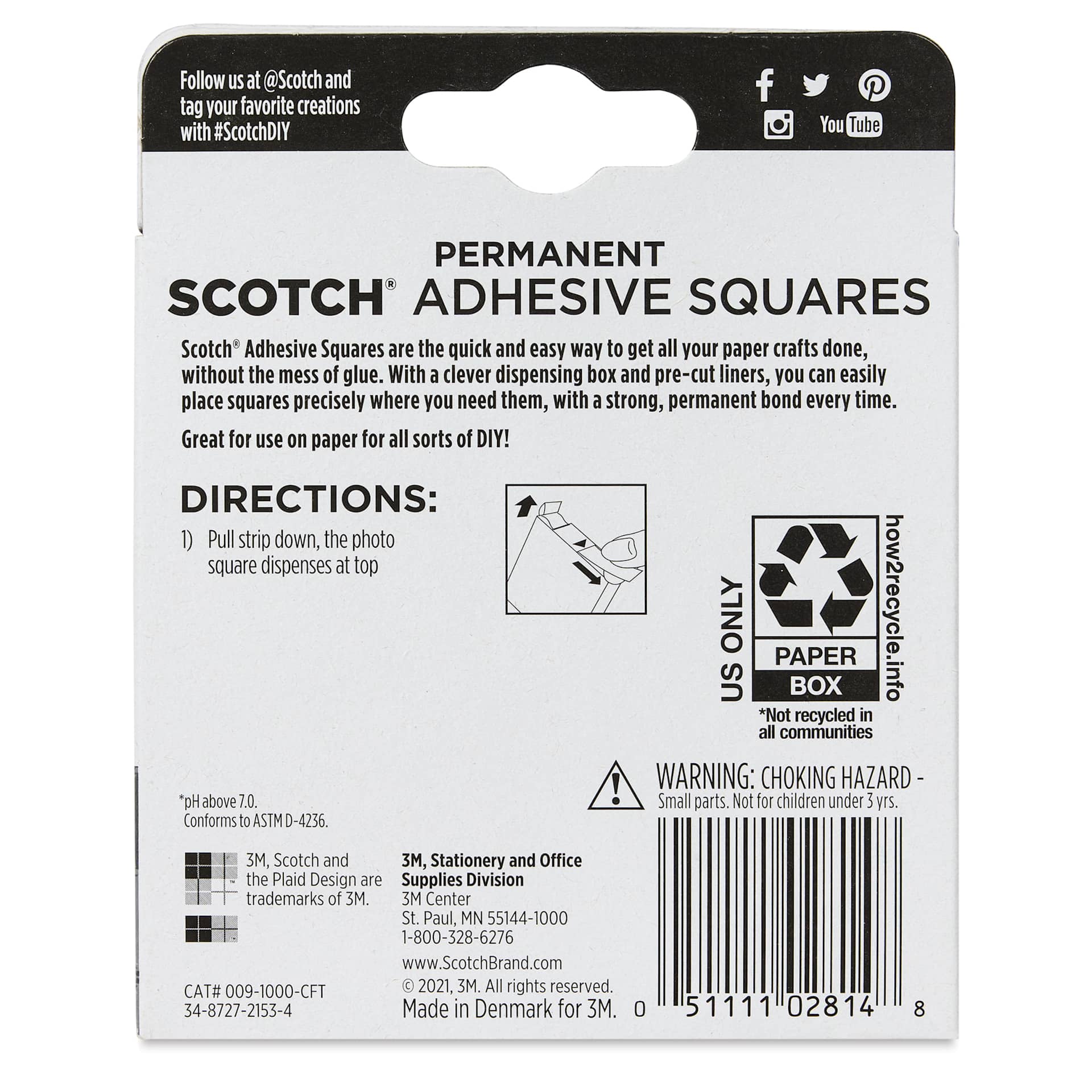 Scotch Permanent Adhesive Squares - Pkg of 1000, 0.45" x 0.45" - back of packaging