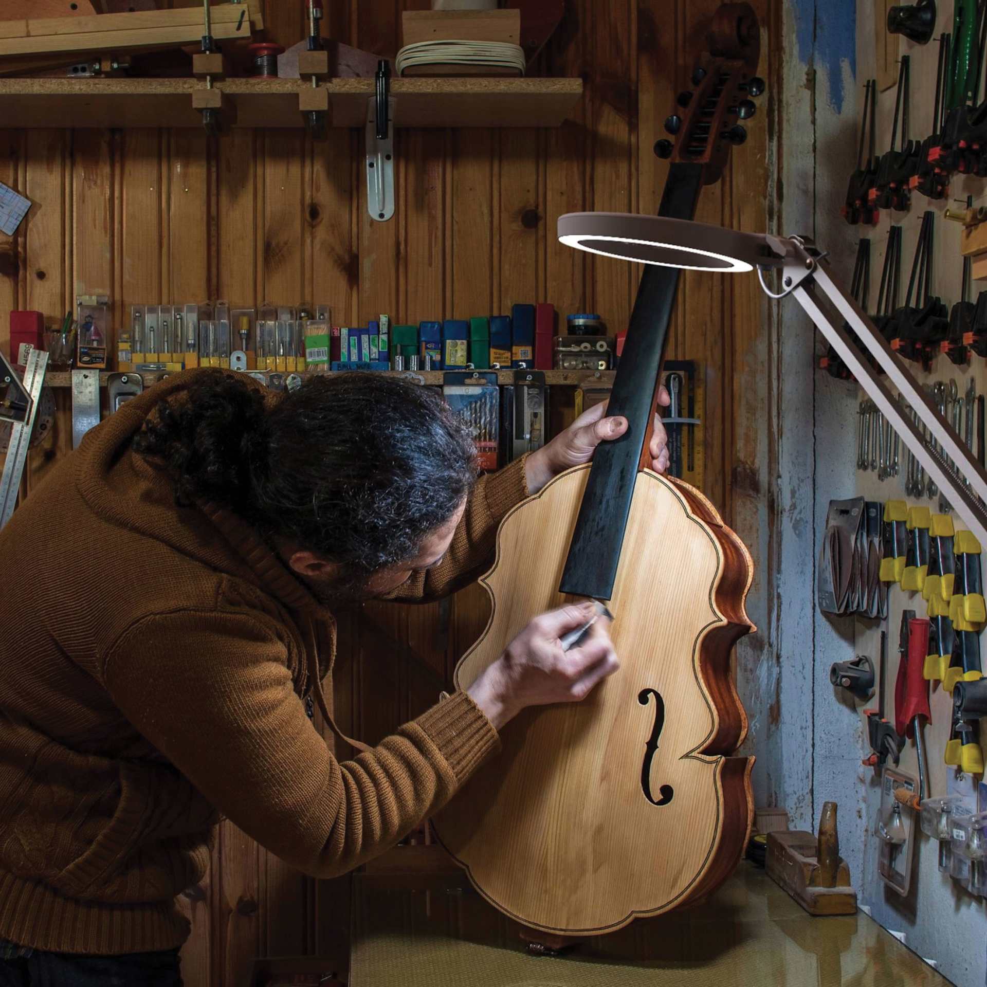Daylight Naturalight - LED Magnifying Lamp in use within luthier shop Daylight Naturalight - LED Magnifying Lamp in use within luthier shop