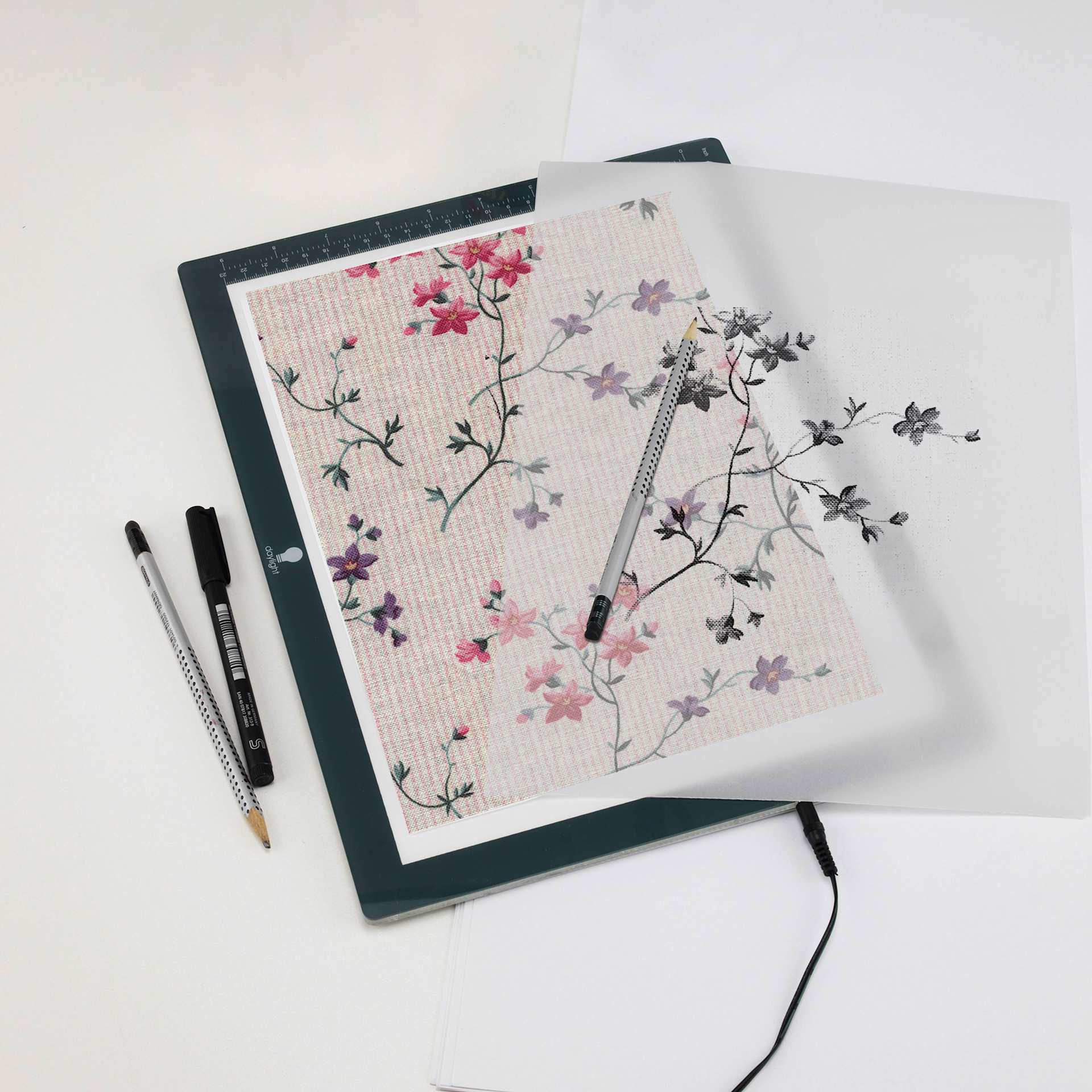 Daylight Wafer 1 LED Light Box - 9" x 12-3/5", Dimmable - tracing over image with color Daylight Wafer 1 LED Light Box - 9" x 12-3/5", Dimmable - tracing over image with color
