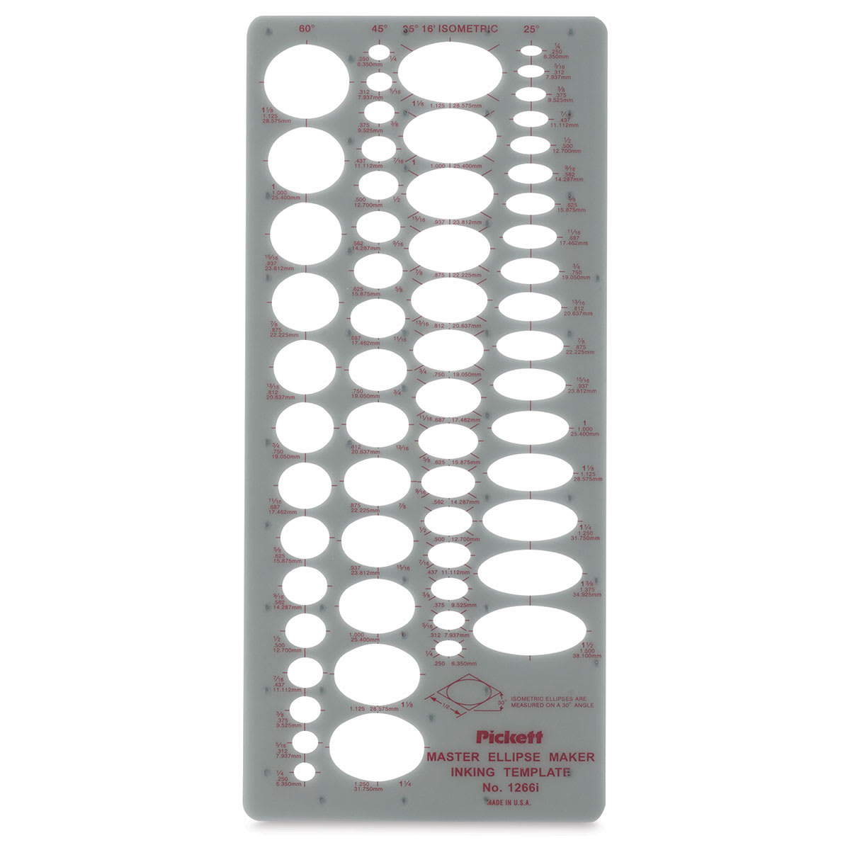 Chartpak Pickett Ellipses Templates - front view of Isometric Master Ellipse Template