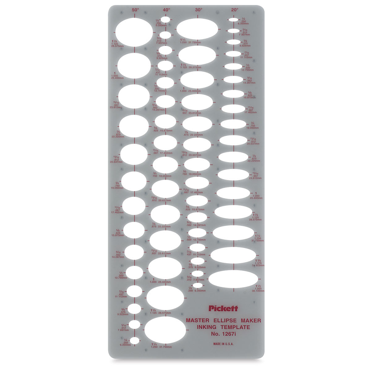 Chartpak Pickett Ellipses Templates - front view of Master Ellipse Maker (20 to 50 degree) Template Chartpak Pickett Ellipses Templates - front view of Master Ellipse Maker (20 to 50 degree) Template