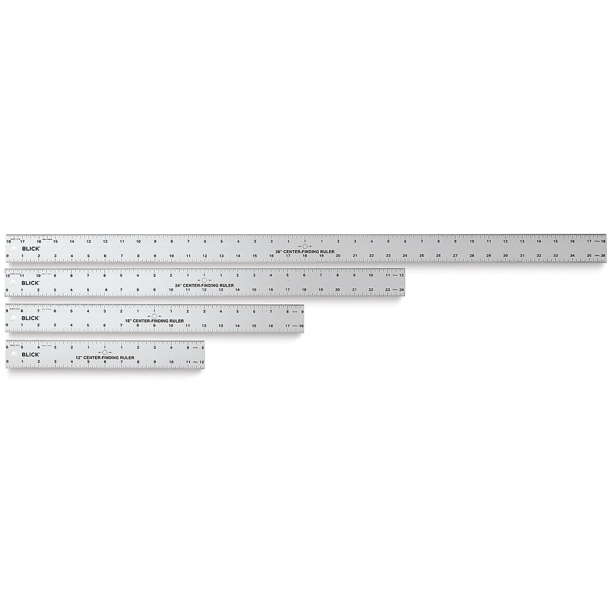 Blick Center Finding Ruler - Four lengths of Ruler shown horizontally
Blick Center Finding Ruler - Four lengths of Ruler shown horizontally