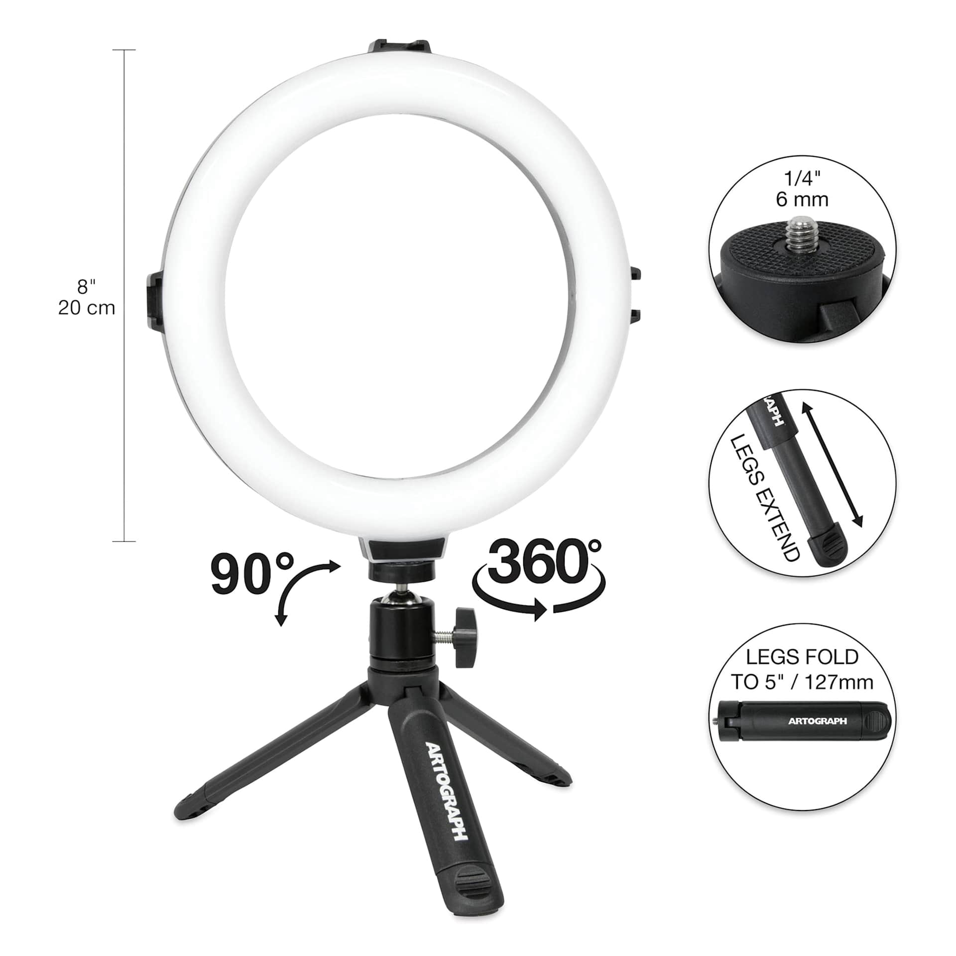 Artograph Mini Ring Light with Desk Stand - 8" Diameter, displaying additional measurements of the stand. 