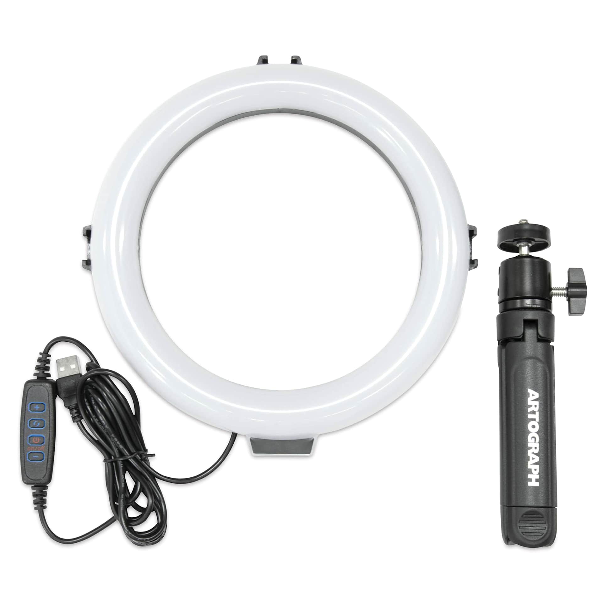 Artograph Mini Ring Light with Desk Stand - 8" Diameter, front view of the disconnected components. 