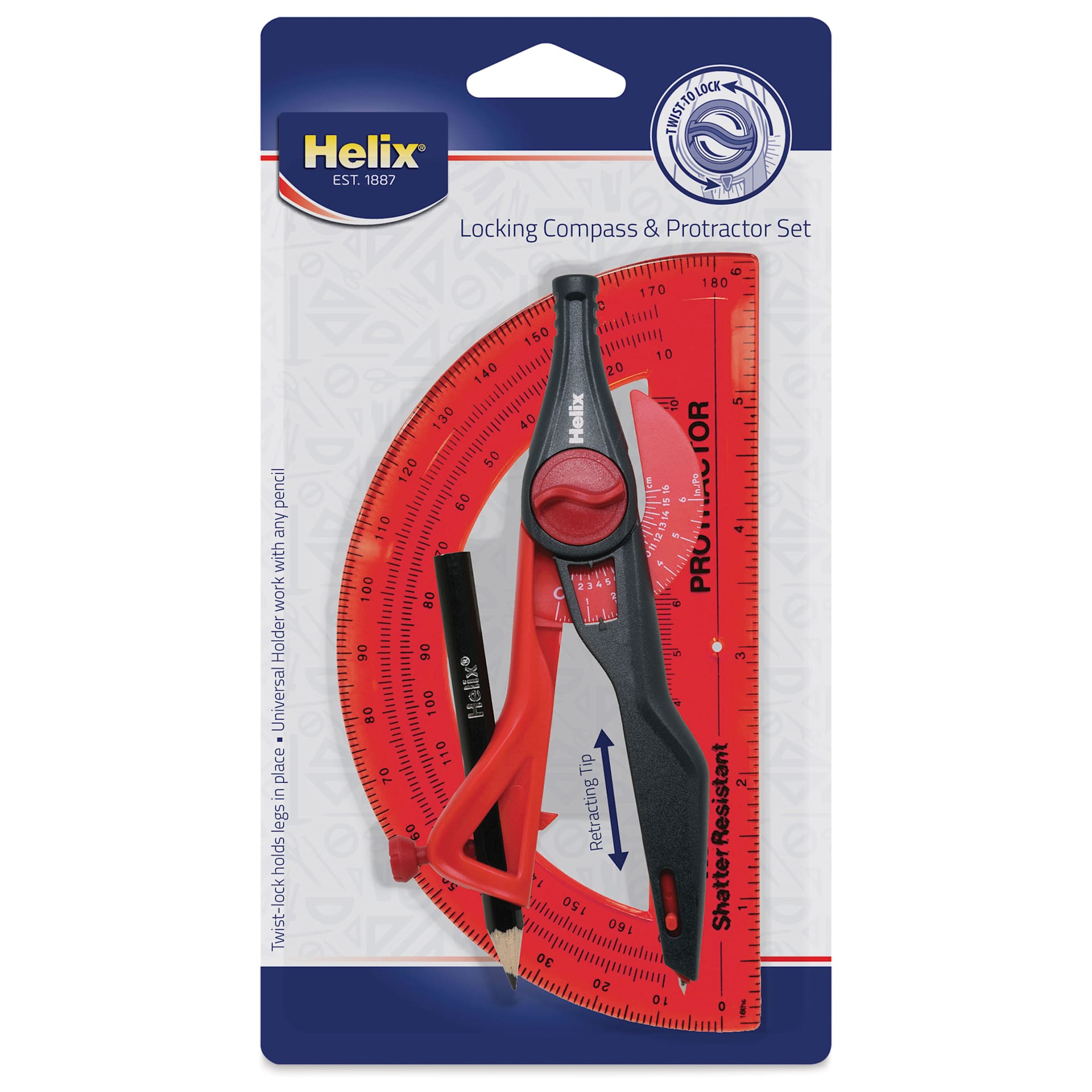 Helix Locking Compass & Protractor Set, red